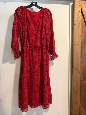 Talbots Red Midi Dress with Black Speckle Print